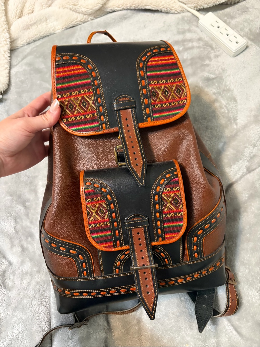 Handmade leather backpack from Peru